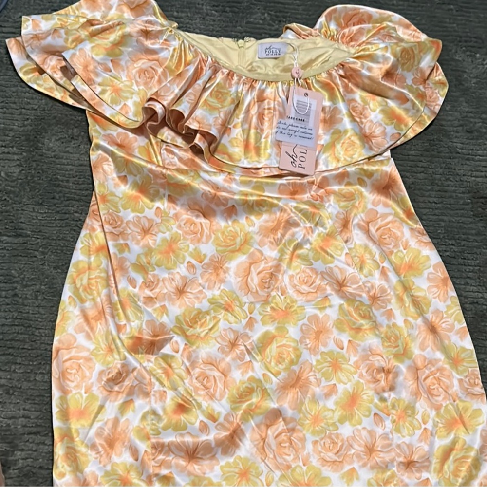 Oh Polly Babydoll Mini Dress Yellow and Orange Ruffled Off-the-Shoulder